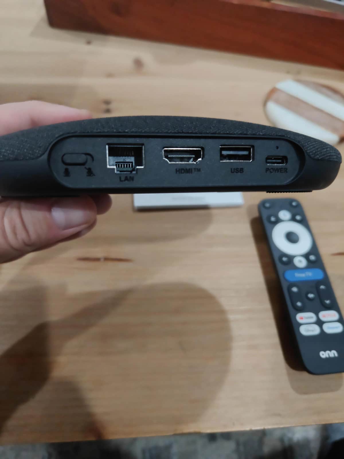 Rear ports of the Onn 4K Pro: Ethernet, HDMI, USB-A and USB-C power