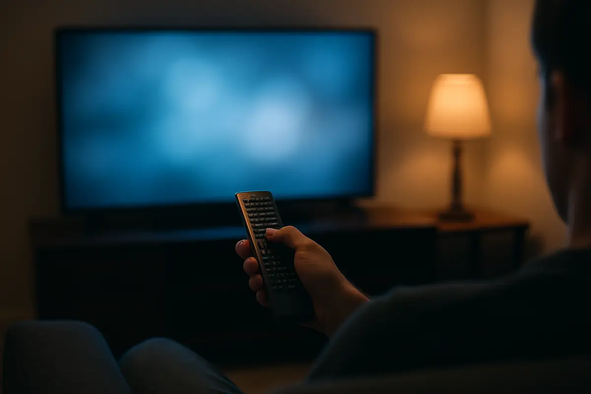 A person on a sofa pointing a remote at a television glowing blue in a dim room.
