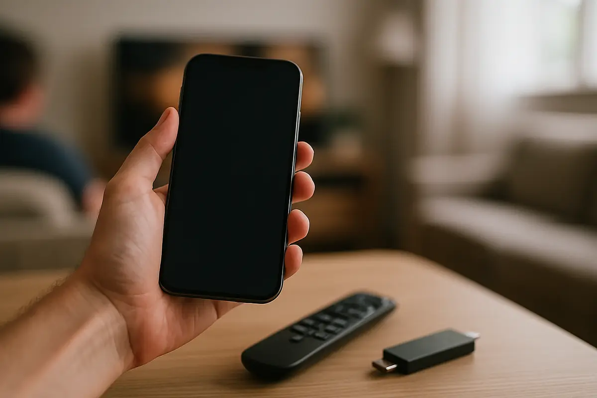 A hand holding a smartphone over a coffee table with a TV remote and a streaming stick on it.