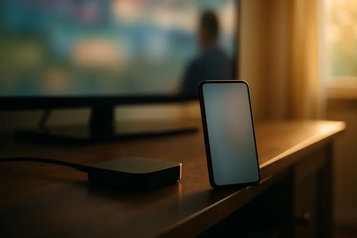 A smartphone standing on a TV cabinet beside a small streaming box, with a television above.