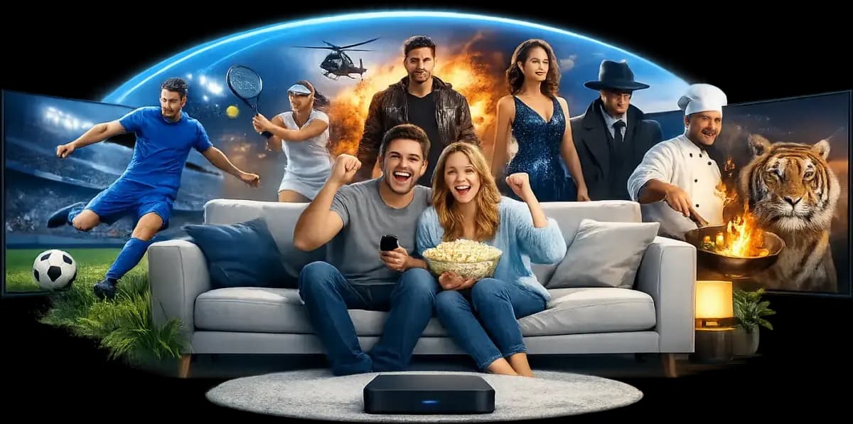 A couple cheering on a sofa beside a streaming box, surrounded by the genres on offer: football, tennis, action films, drama, crime, nature documentaries and cooking shows.
