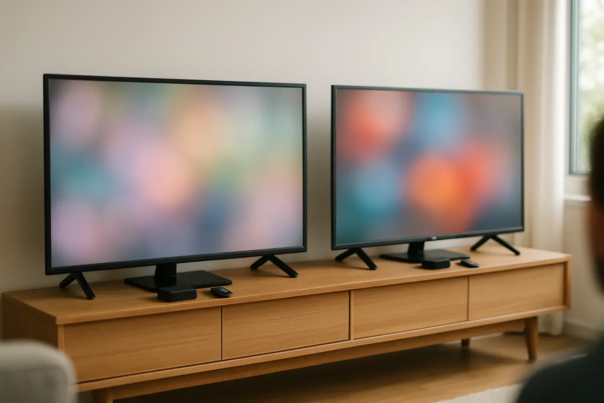 Two televisions side by side on a media cabinet, each with its own streaming box and remote.