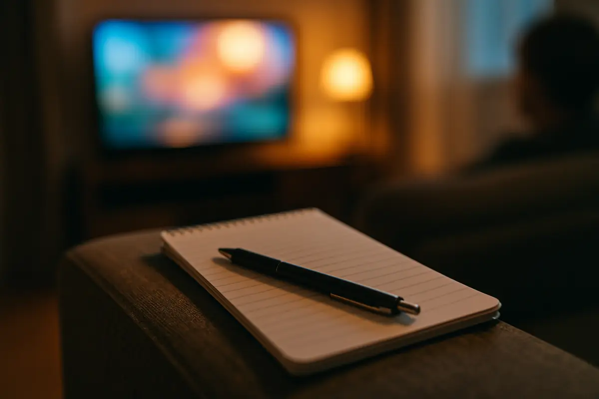 A blank notepad and pen on the arm of a sofa, with a television glowing in the background.
