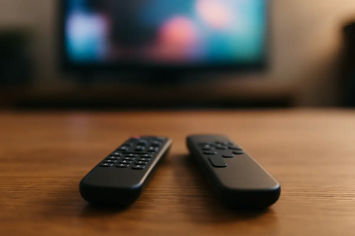 Two TV remotes lying side by side on a wooden coffee table in front of a television.