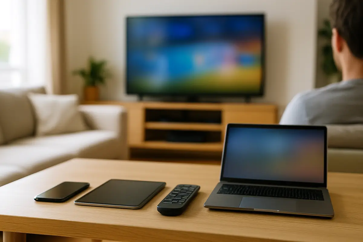 A smartphone, tablet, laptop and TV remote laid side by side on a living-room coffee table in front of a wall-mounted TV.