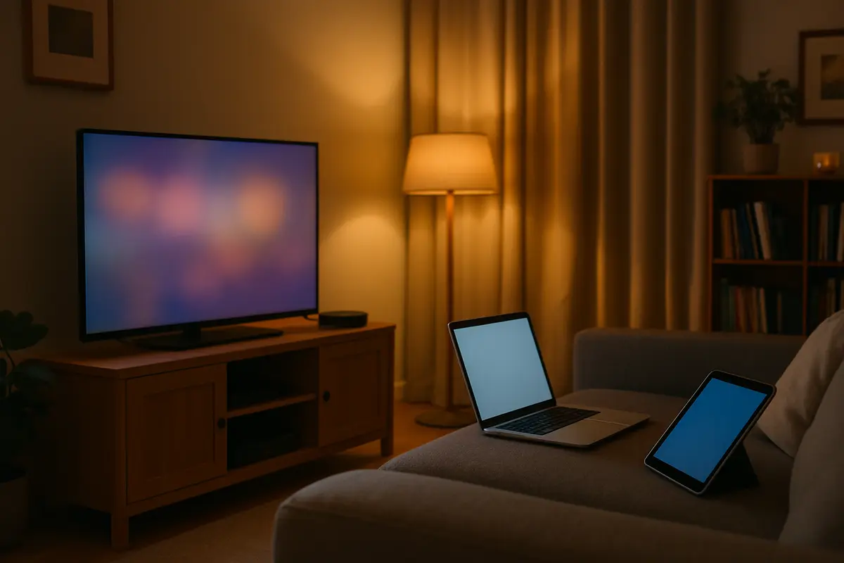 A family room in the evening with a TV and small streaming box, a laptop on the sofa and a tablet on the armrest.