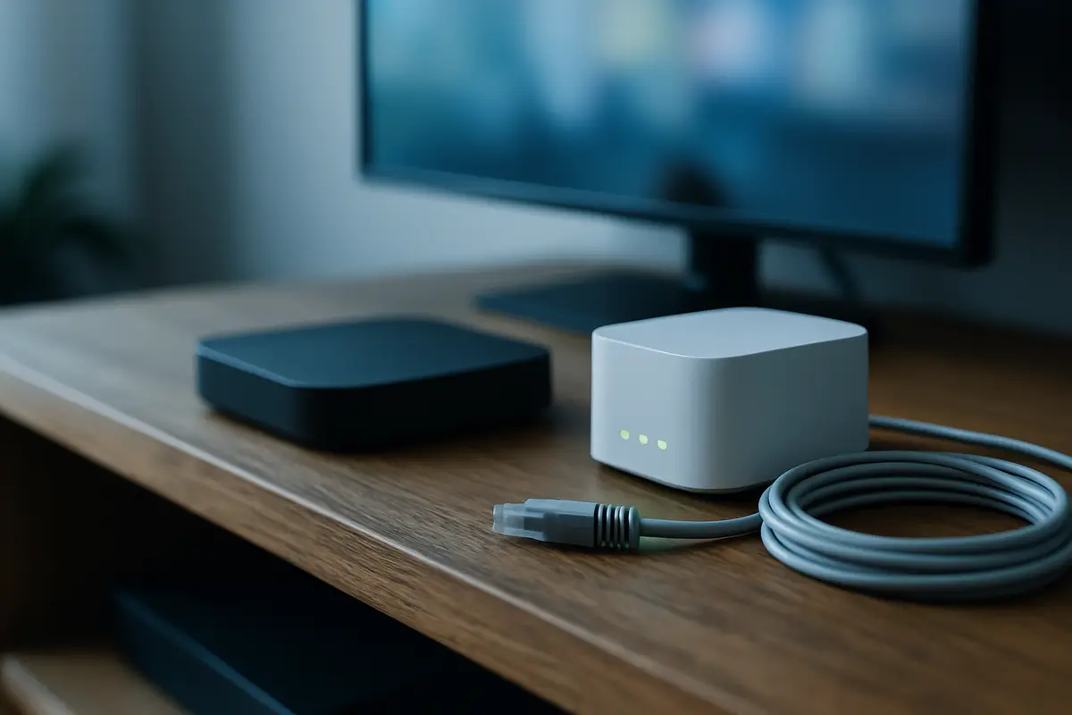 Close-up of a small streaming box next to a home Wi-Fi router and a network cable on a TV shelf.