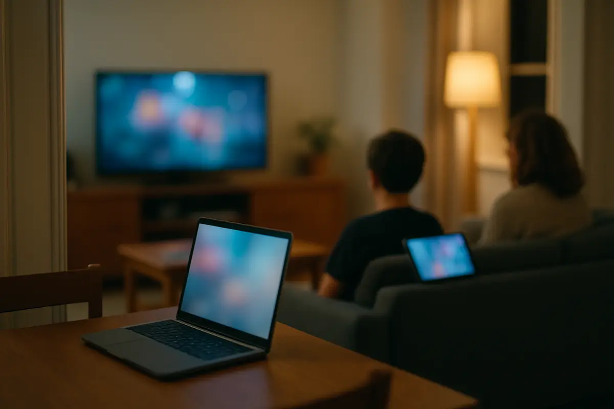 A living room in the evening with a TV, a laptop and a tablet all in use at the same time.