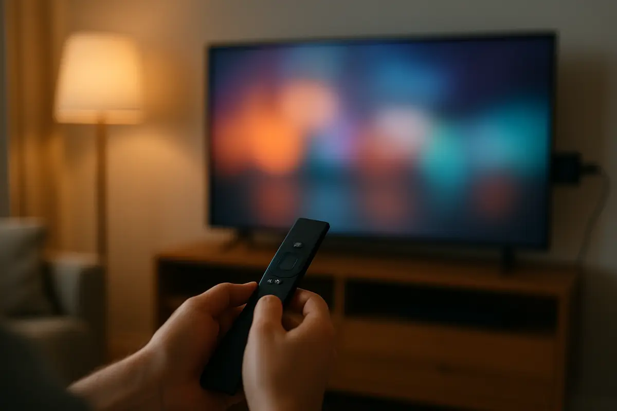Hands pointing a remote at a TV with a small streaming stick plugged into its side.