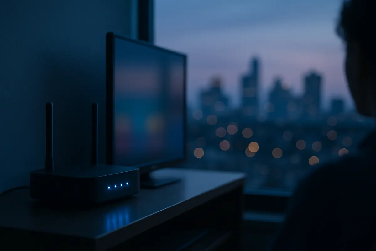 A home router with status lights on a shelf next to a TV, a window at dusk behind it.