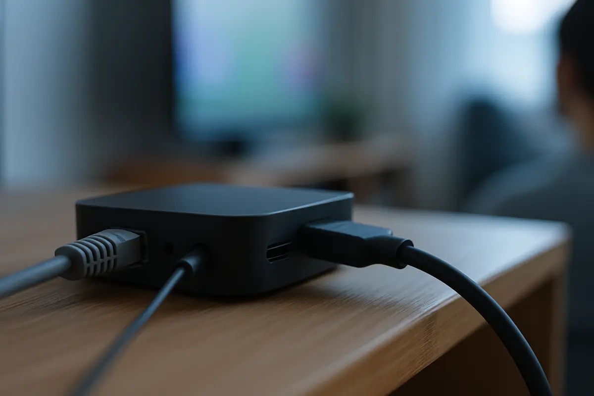 The back of a compact streaming box with Ethernet, power and HDMI cables connected.