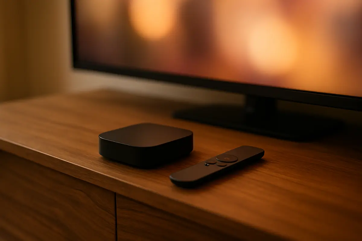 A small black streaming box and remote on a media console under a TV, the kind of setup this Apple TV guide covers.