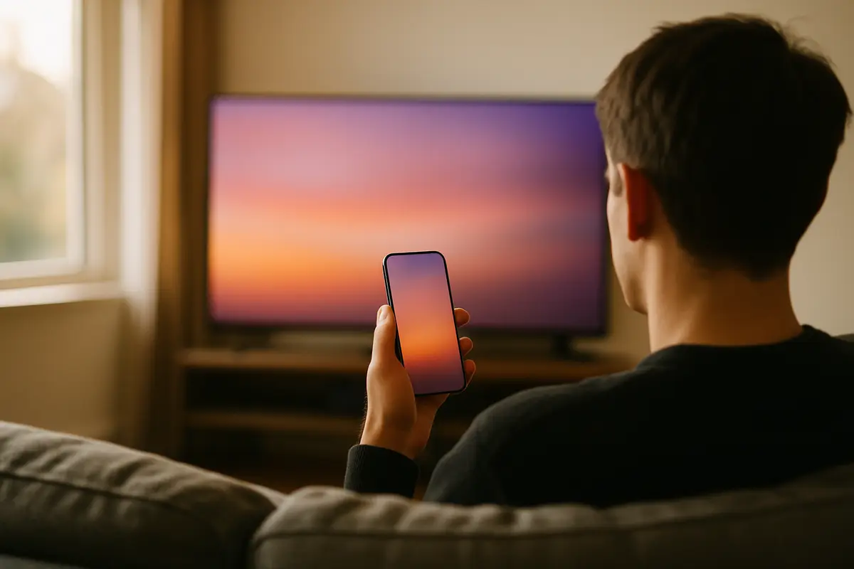 A person on a sofa sending video from a smartphone to a large TV, as in the AirPlay method.