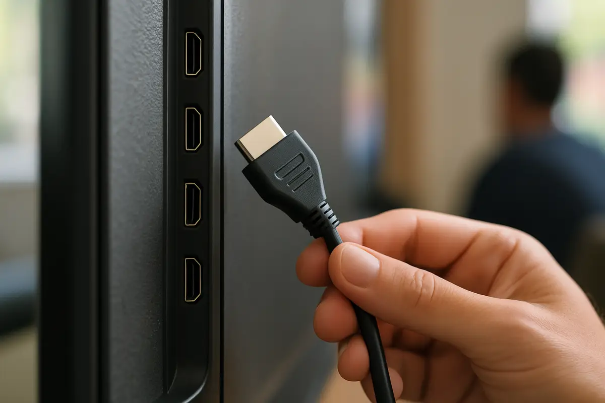 A hand about to plug an HDMI cable into one of several ports on the side of a TV.