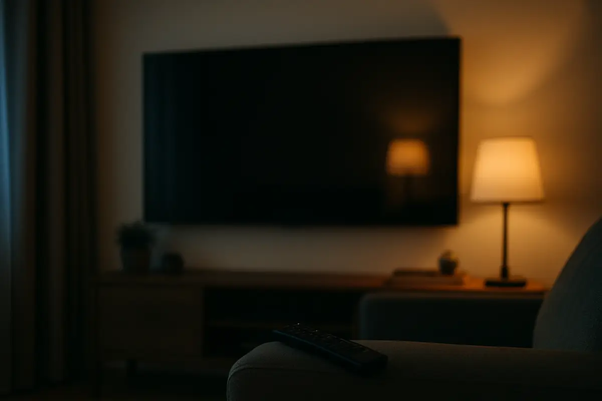 A wall-mounted TV with a black screen in a dim living room, a remote resting on the sofa arm in front of it.