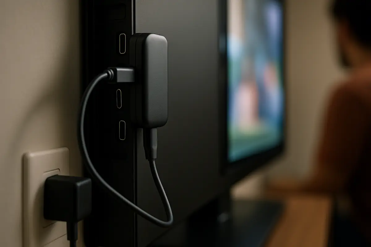 A small streaming stick plugged into the back of a TV, powered by its own wall adapter.