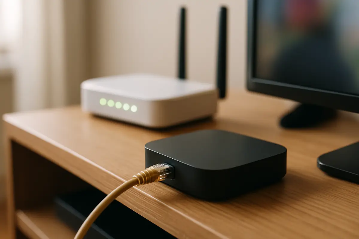 A compact streaming box on a shelf with a network cable plugged in, a home router behind it.