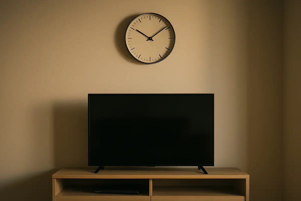 A plain wall clock hanging above a TV stand, a reminder that guide times depend on the device clock.