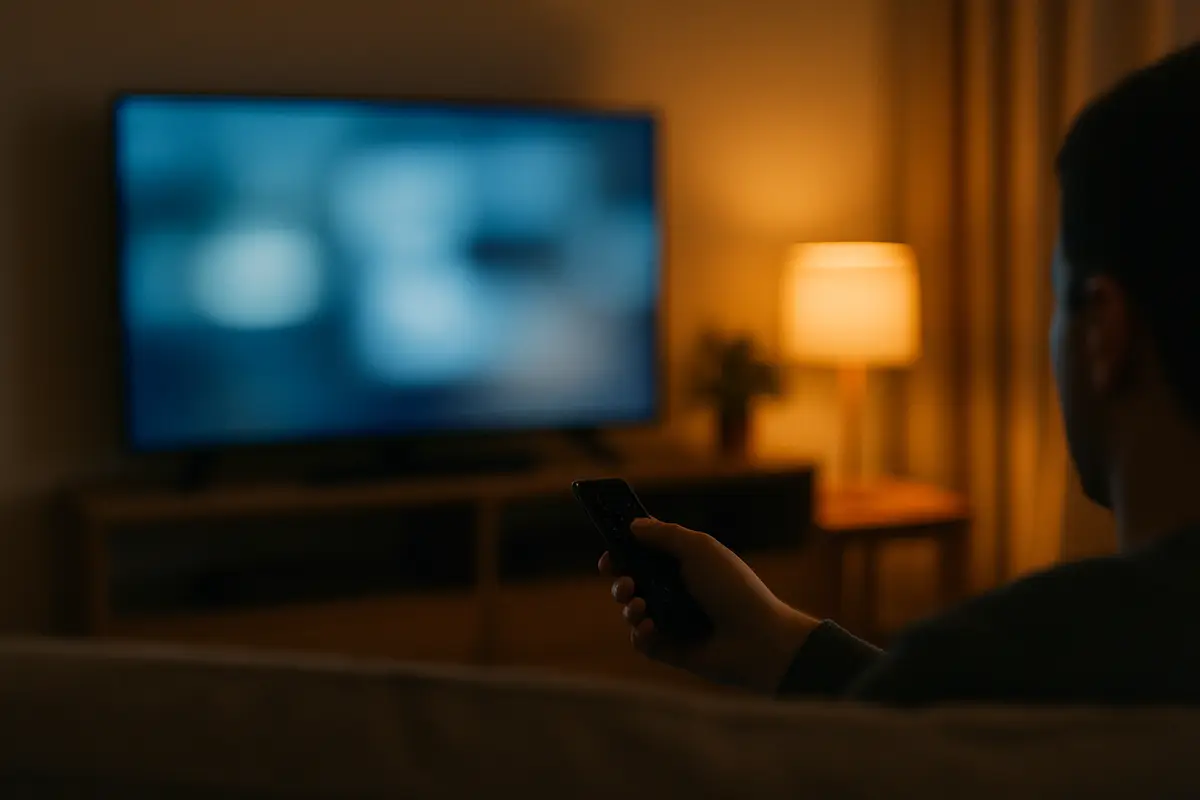 Someone on a sofa at night pointing a remote at a TV, the screen showing only blurred colour.