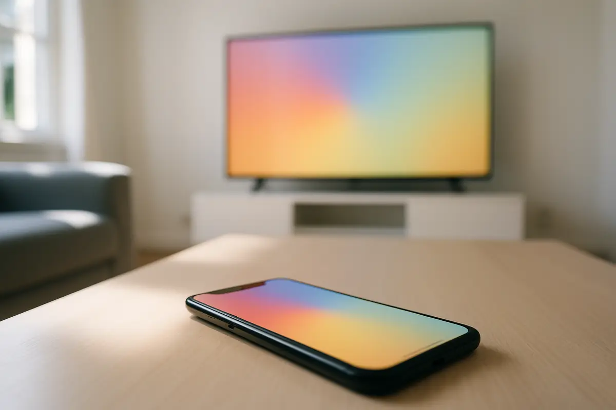 A smartphone on a coffee table with a large TV in the background, illustrating casting from a phone to a TV.