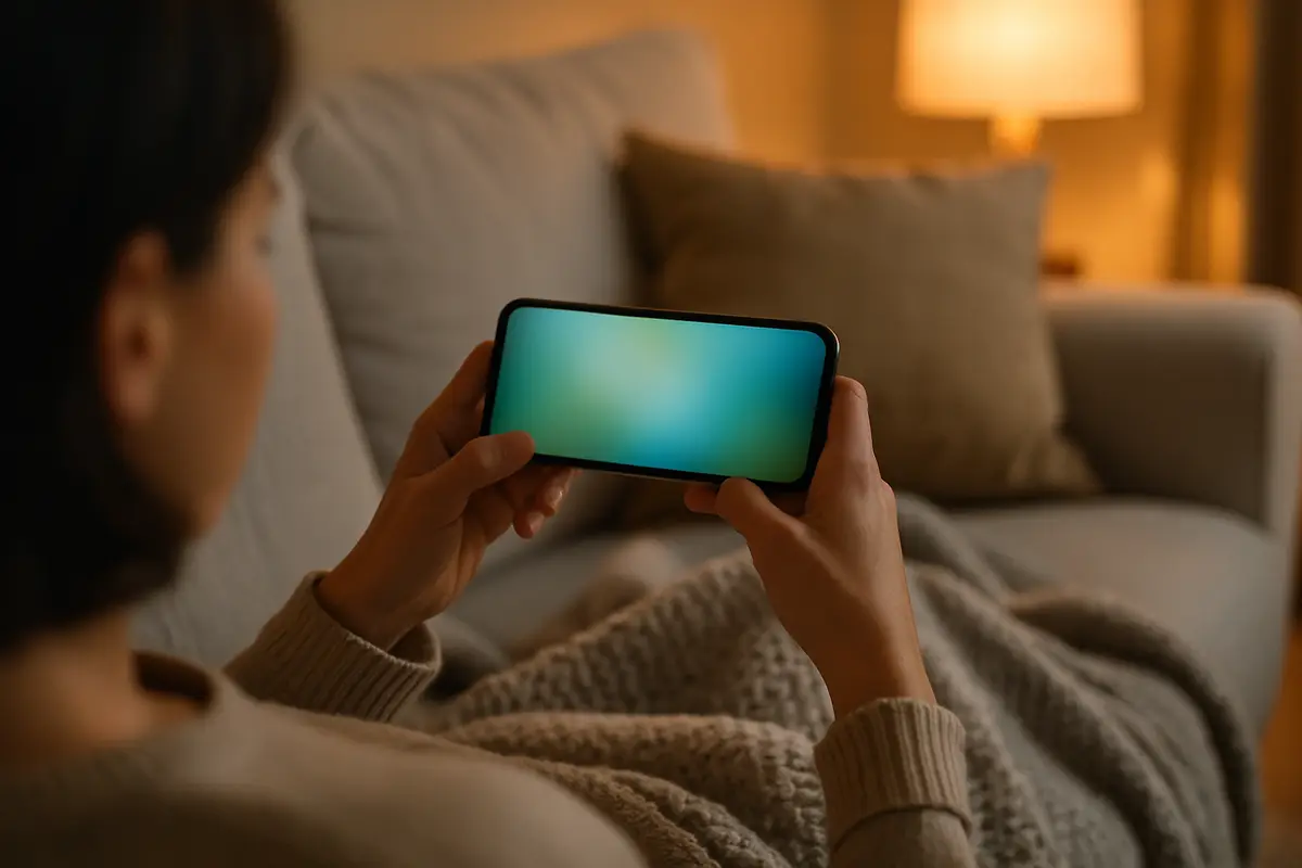 A person on a sofa watching video on a smartphone held sideways, as this iPhone and iPad guide describes.