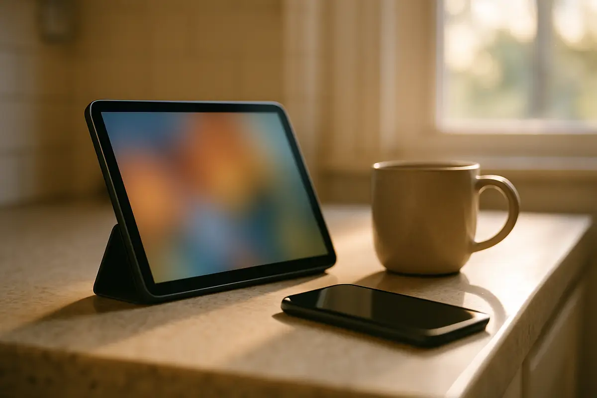 A tablet propped on a kitchen counter next to a smartphone, as when adding an iPad alongside an iPhone.