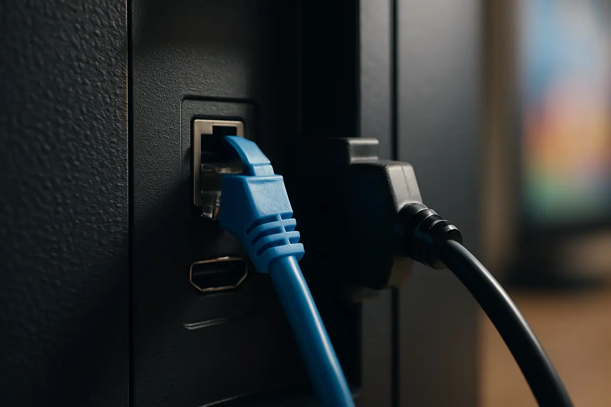 An Ethernet cable plugged into the network port on the back of a flat-screen TV.