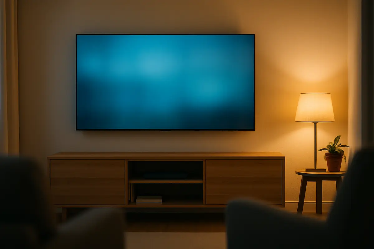 A wall-mounted flat-screen smart TV in a lamp-lit living room, the kind of setup this LG TV guide covers.