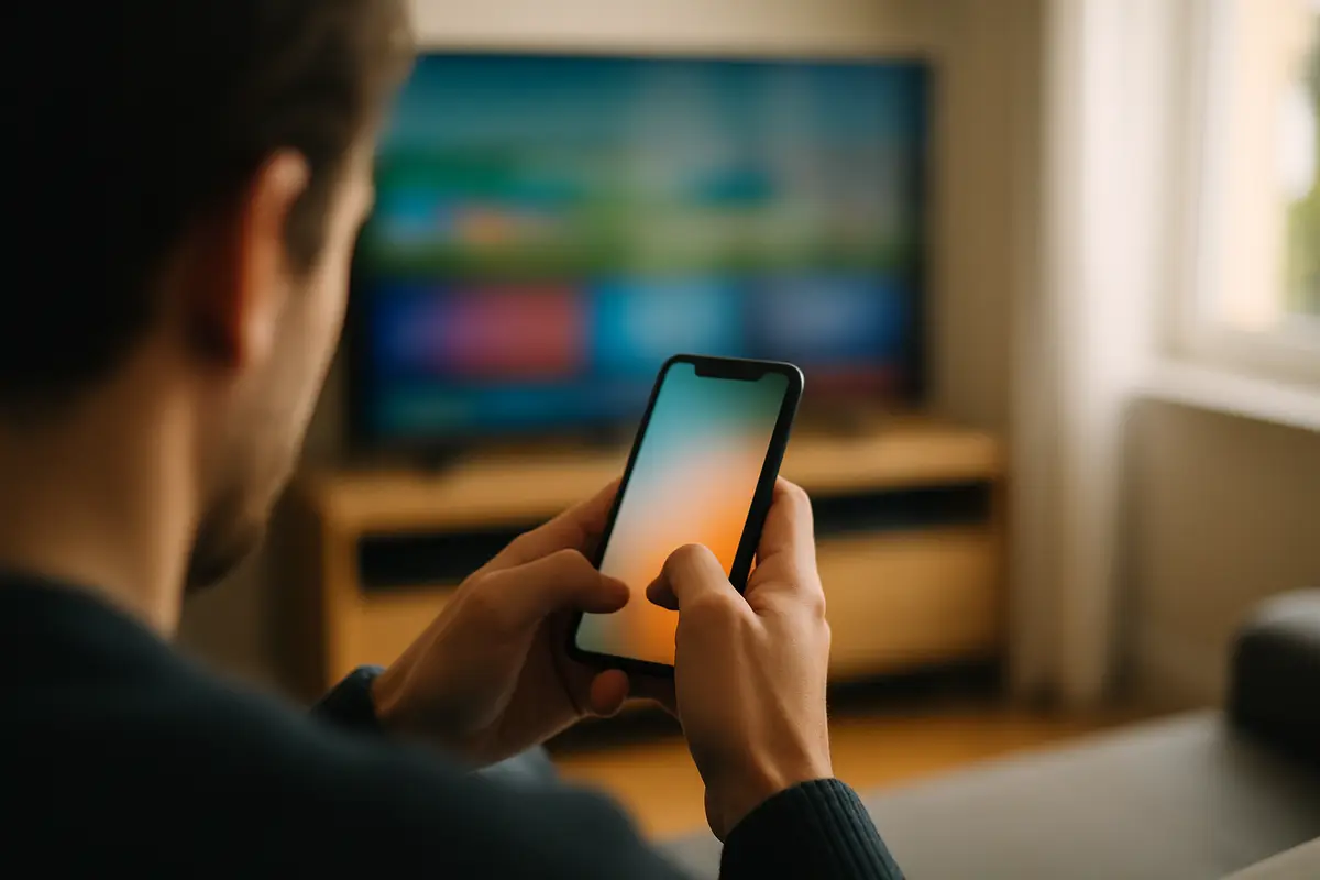 Hands typing on a smartphone in front of a blurred smart TV, as when uploading a playlist to a MAC-based player from a phone.