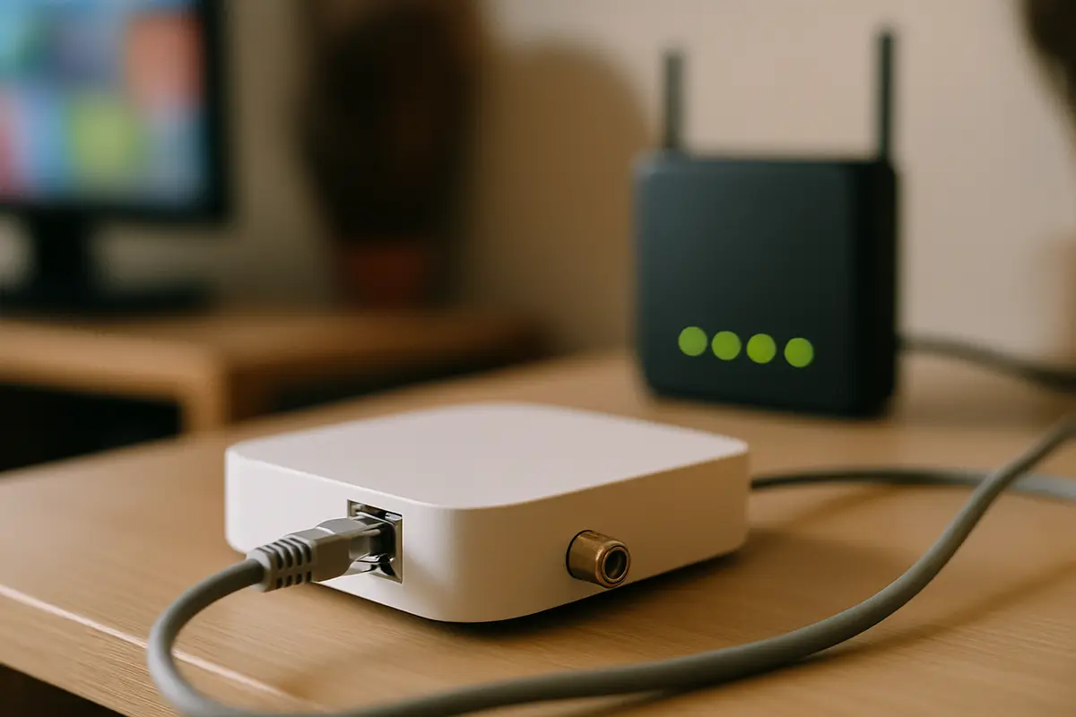 A small white set-top box wired by Ethernet to a home router on a shelf.