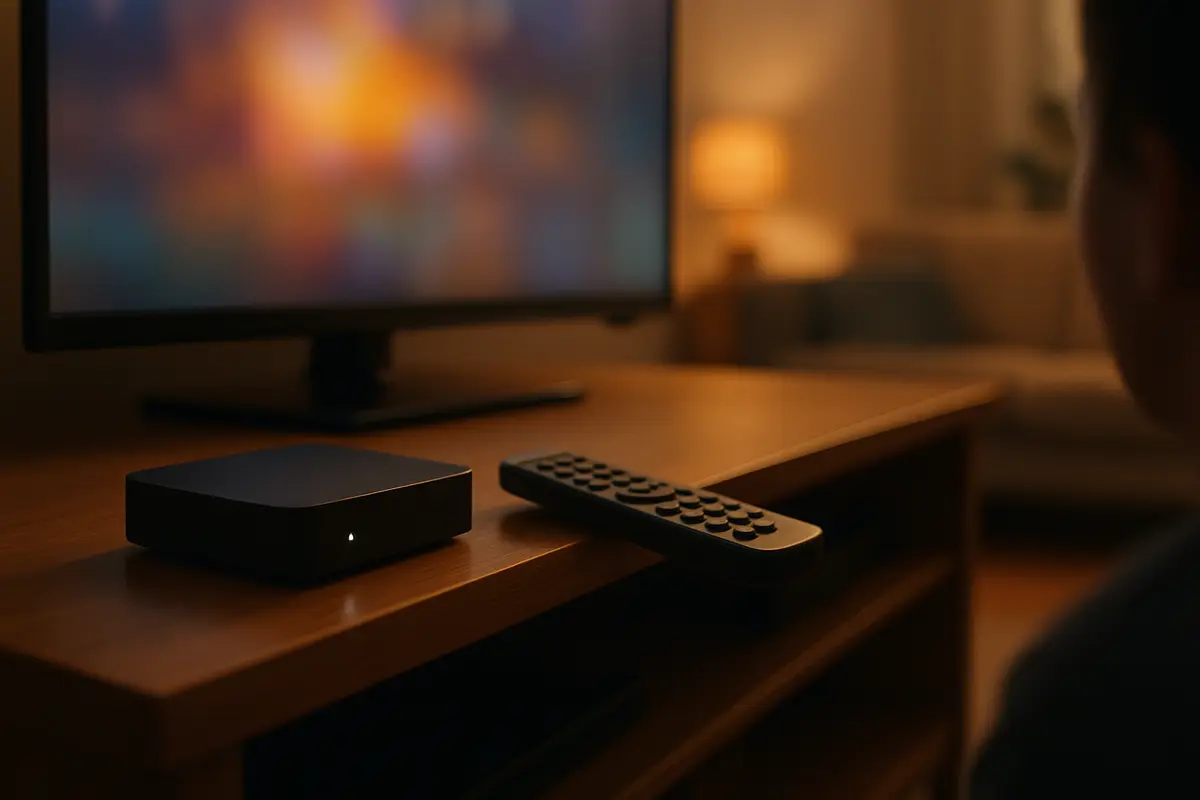 A small set-top box and its remote on a TV stand, the kind of box this MAG guide covers.