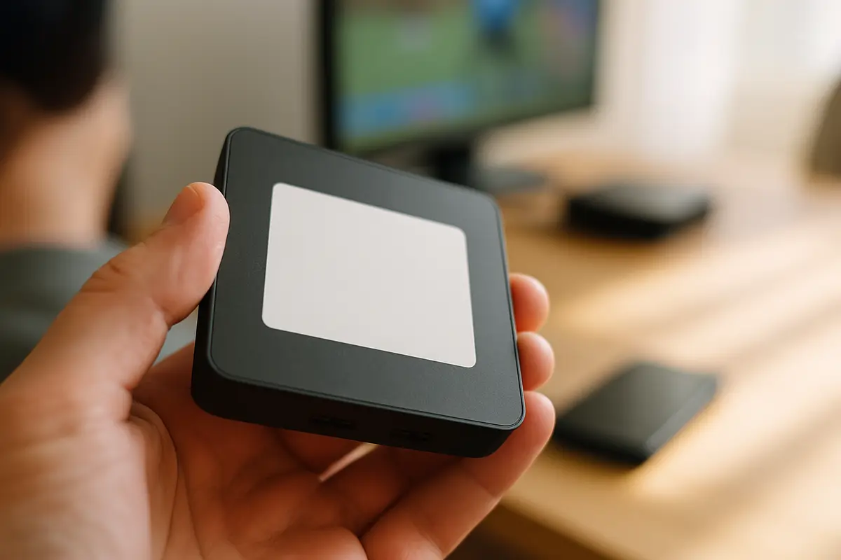 A hand turning over a small set-top box to check the label on its underside, where the MAC address is usually printed.