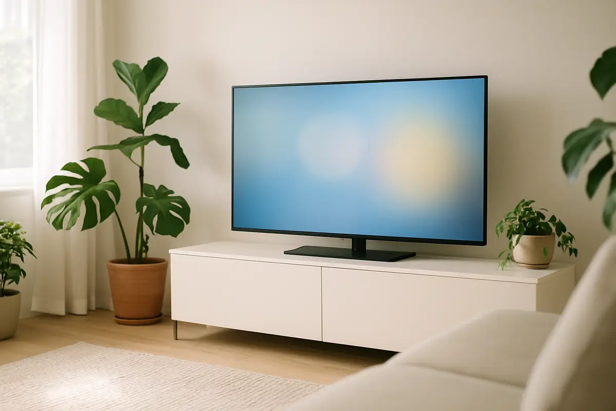 A large flat-screen smart TV on a sideboard in a bright living room, the kind of setup this Samsung TV guide covers.