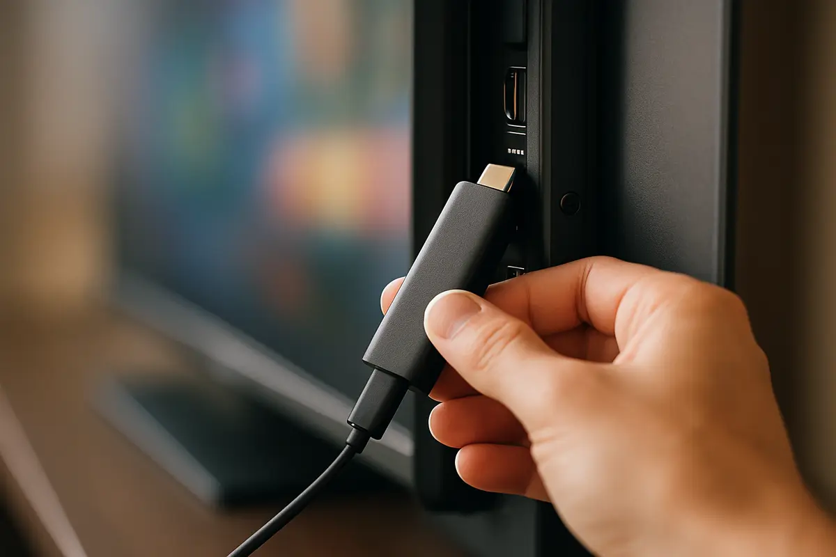 A hand plugging a small streaming stick into an HDMI port on the side of a TV, as in the streaming stick method.