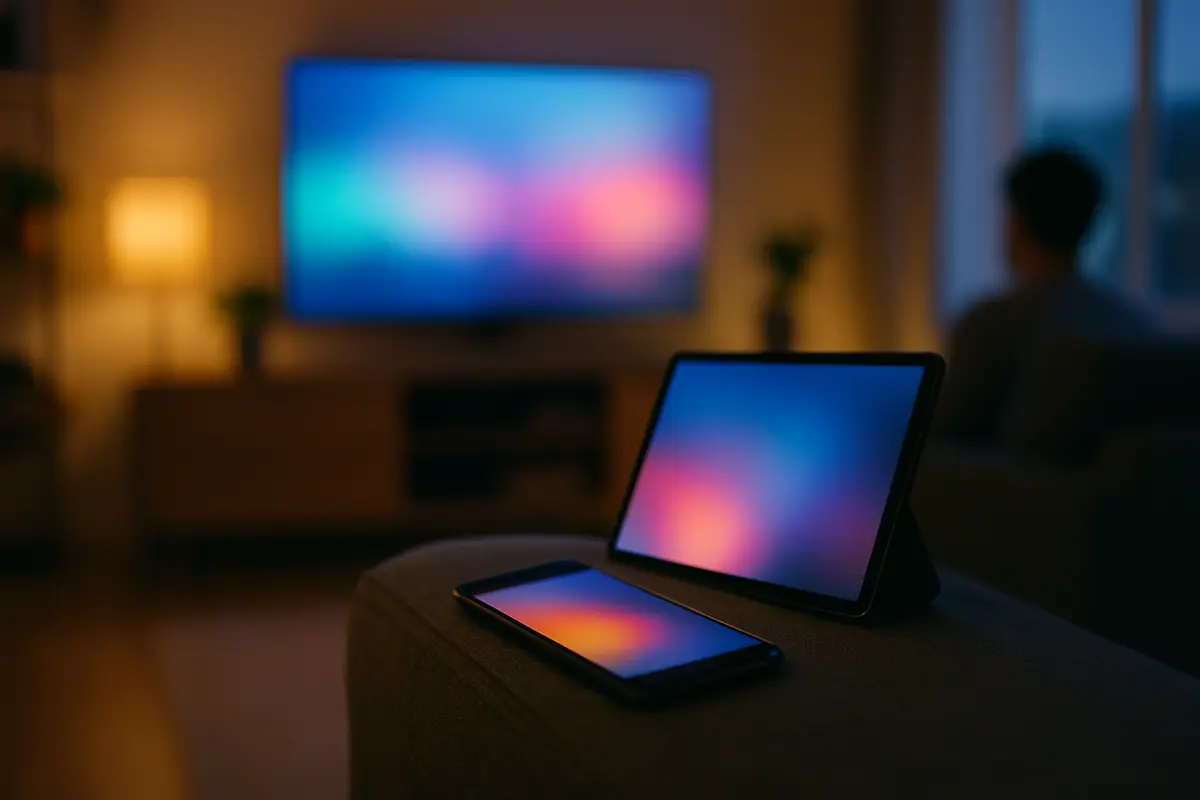 A living room at dusk with a wall-mounted TV and a phone and tablet resting on the arm of a sofa.