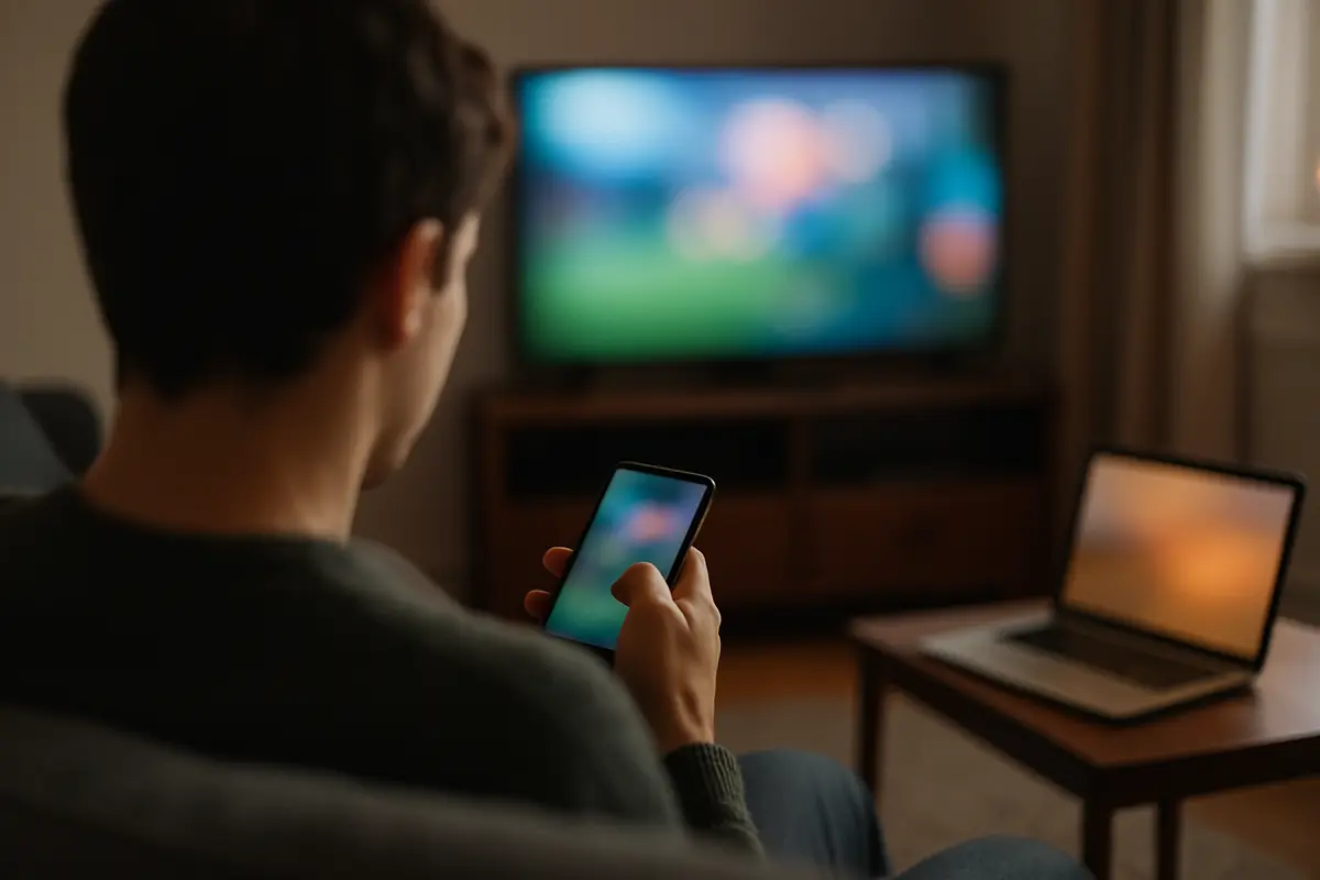 A person seen from behind holding a smartphone on a sofa, with a TV across the room and a laptop on a side table.