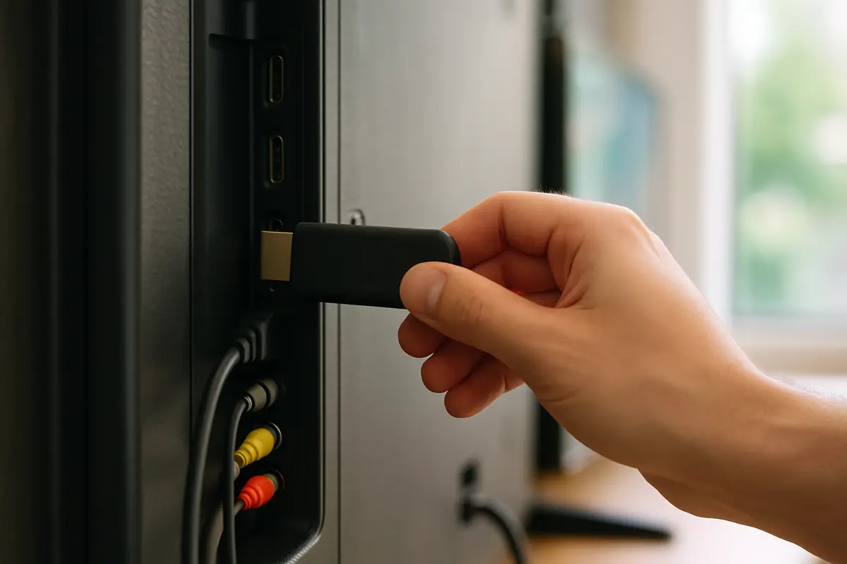 A hand plugging a small streaming stick into the HDMI port on the back of a TV.