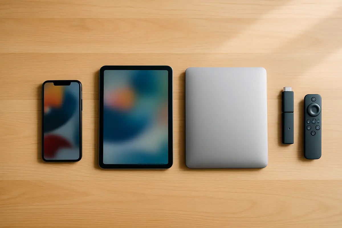 A smartphone, tablet, laptop, small streaming stick and remote lined up on a wooden table, seen from above.