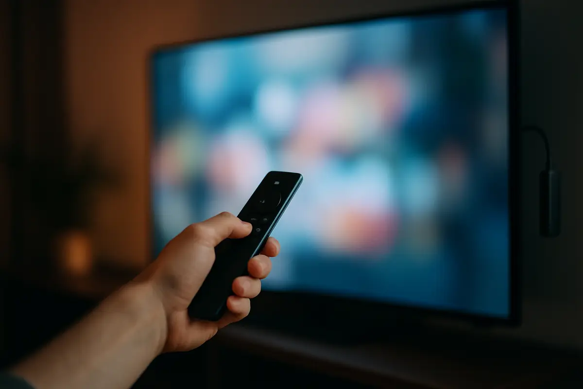 A hand pointing a TV remote at a softly glowing TV in a dim living room at night.
