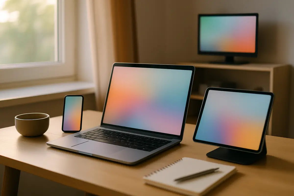 A laptop, a tablet on a stand and a smartphone together on a desk by a window, with a small TV on a shelf behind.