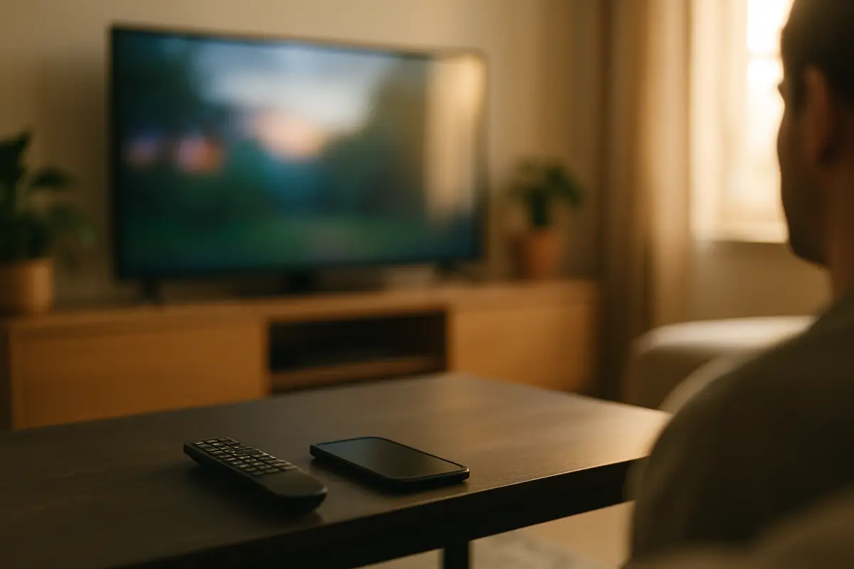A TV remote lying next to a smartphone on a coffee table, with a large TV on a cabinet in the background.