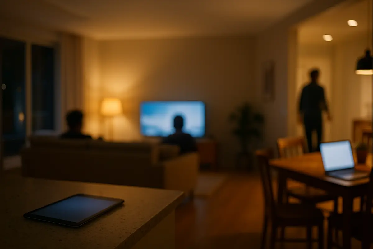 An open-plan home in the evening with a TV in the living area, a tablet on the kitchen counter and a laptop on the dining table.