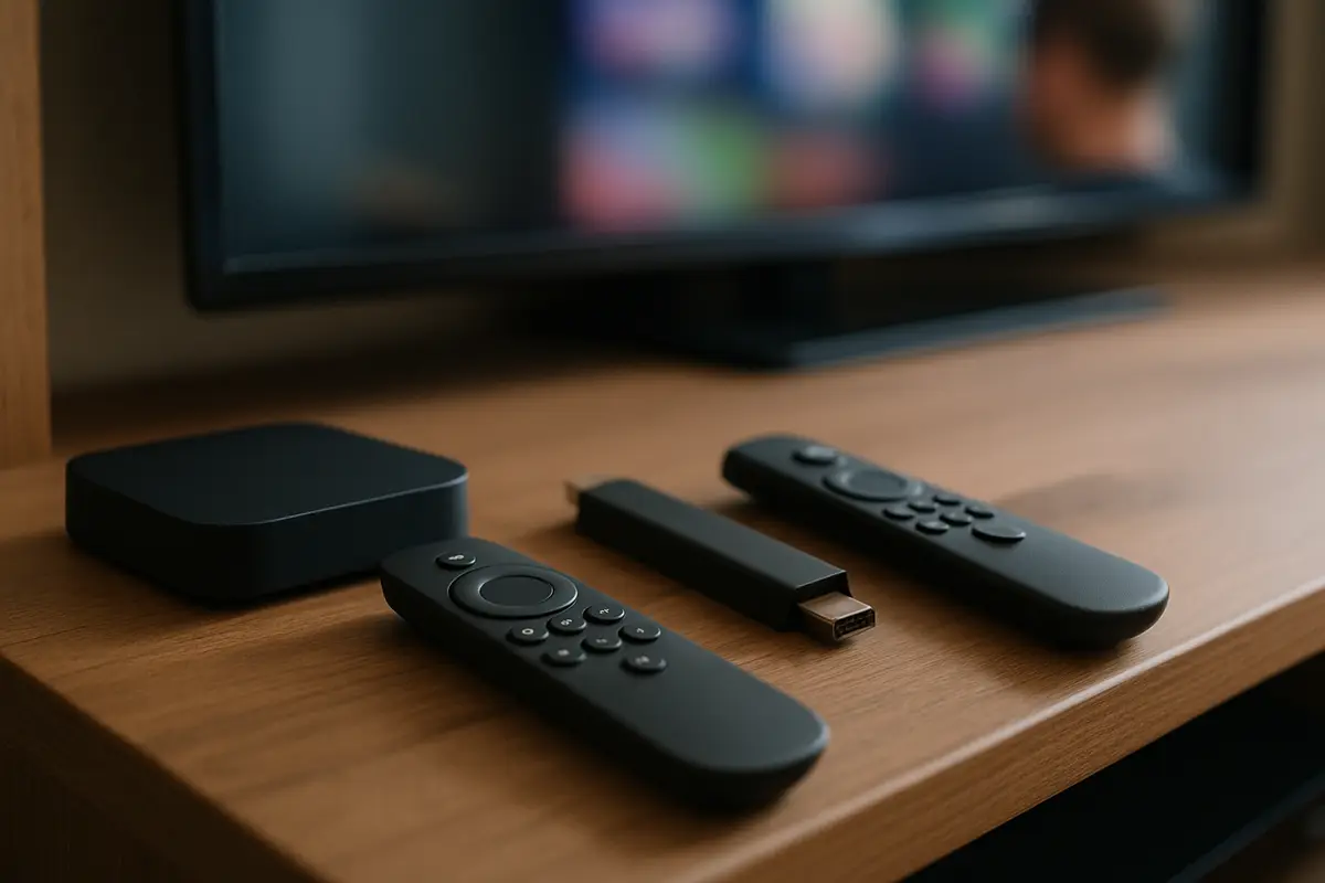 A compact streaming box and a small streaming stick with their remotes on a TV cabinet shelf.