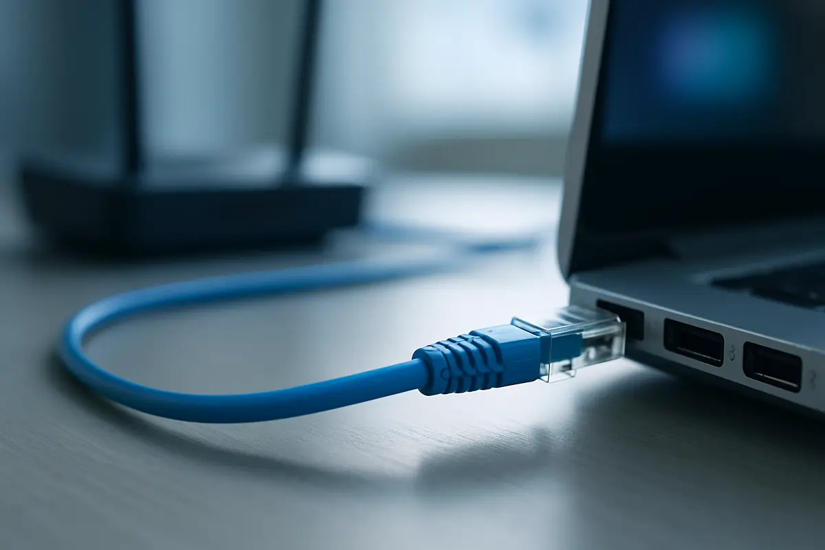 An ethernet cable plugged into a laptop's network port, with a router blurred in the background.