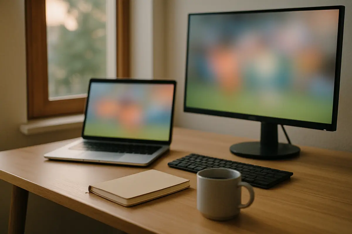 A laptop and a desktop monitor on a desk by a window, both screens showing blurred video colour.