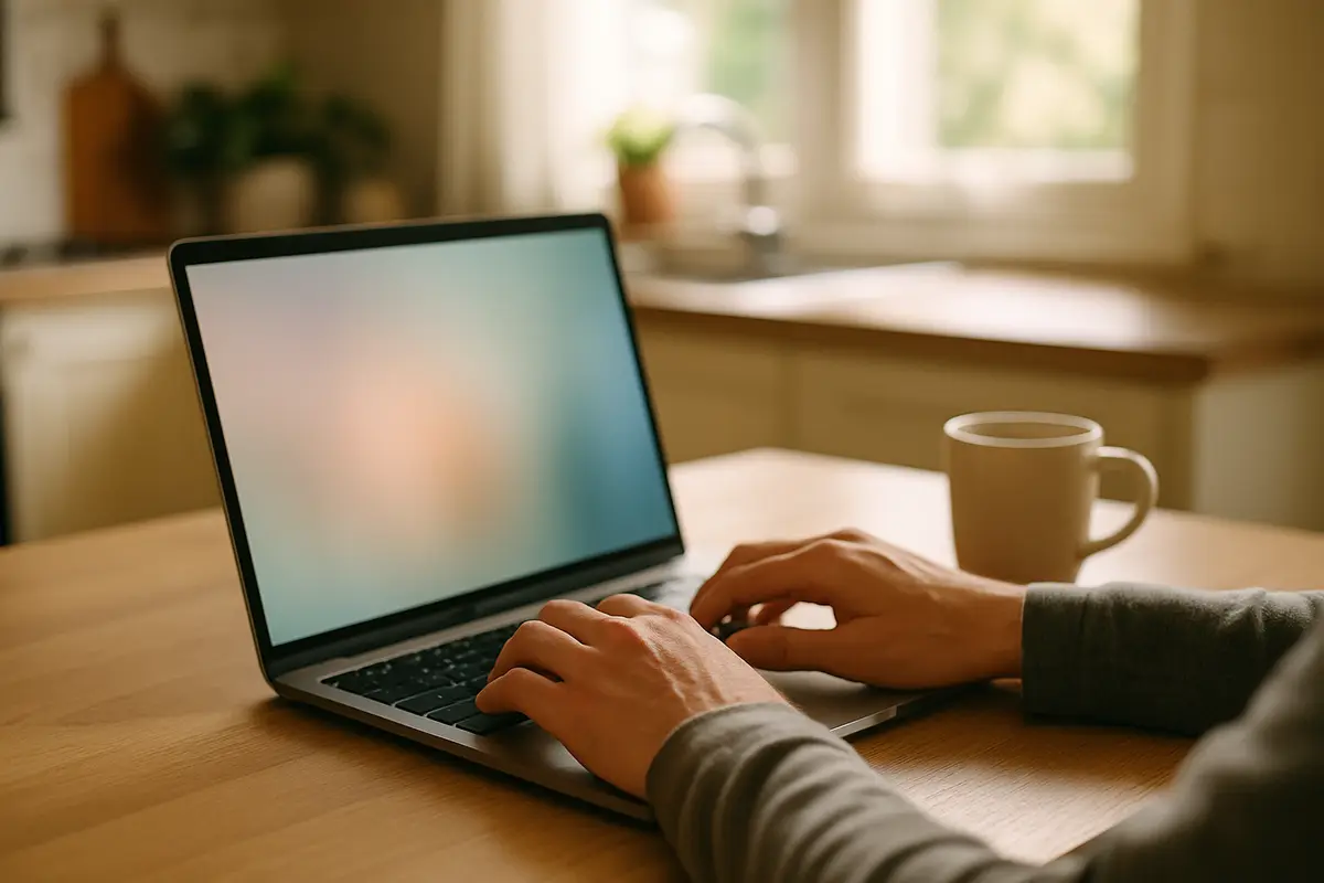 Hands on the keyboard of a slim silver laptop on a kitchen table, the screen out of focus.