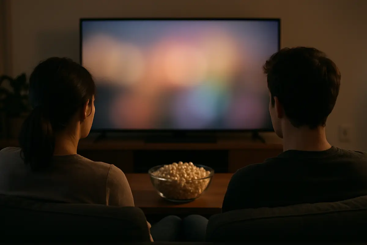 Two people seen from behind on a sofa watching television in the evening, with popcorn on the table.