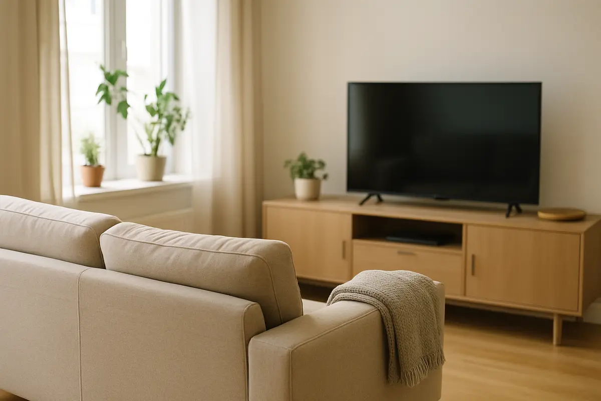 A bright, tidy living room with a sofa facing a switched-off television.