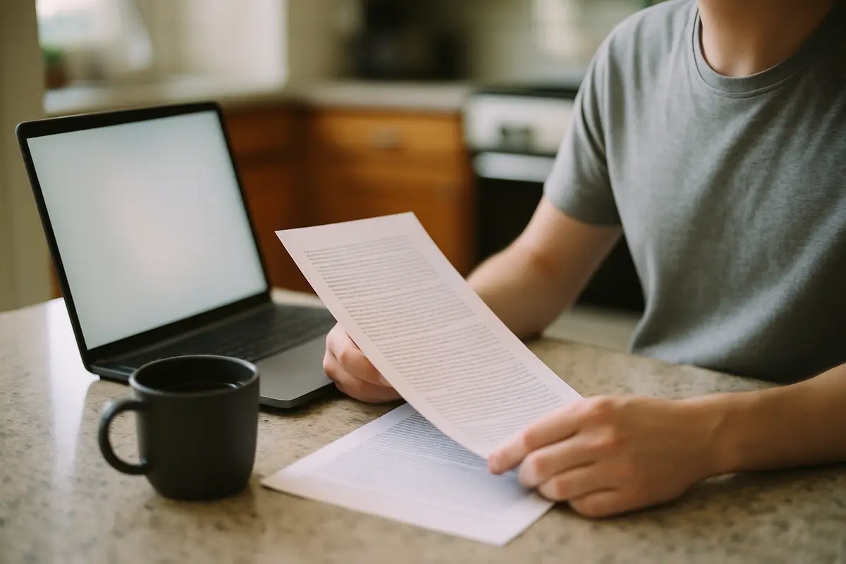 A person at a kitchen table reading on a laptop beside a mug of coffee, face out of frame.
