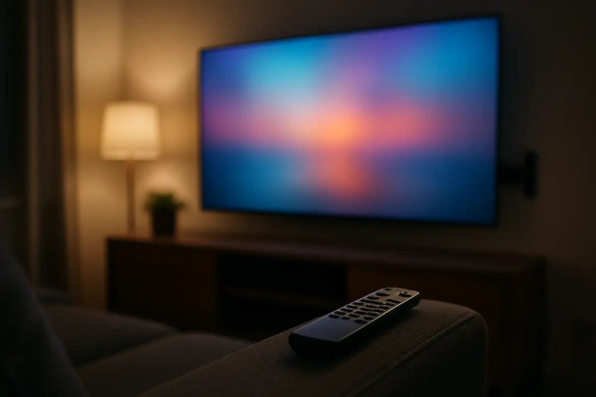 A living room at night with a glowing wall-mounted TV and a remote resting on the arm of a sofa.